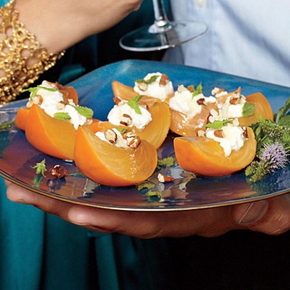 Crisp persimmon with ricotta, honey, pecans, and mint