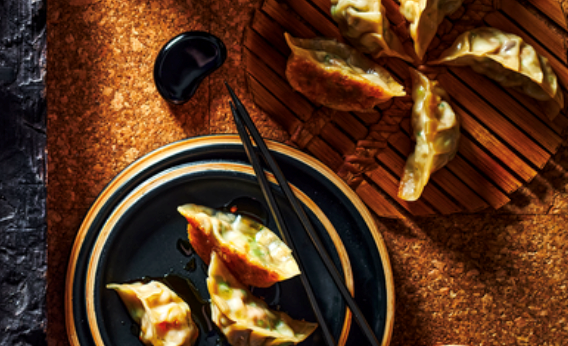 Crisp pork and ginger gyozas with sesame rayu