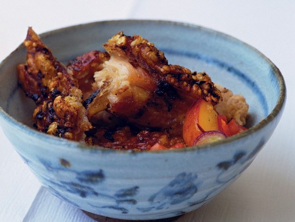 Crisp pork belly, sweet peach salsa
