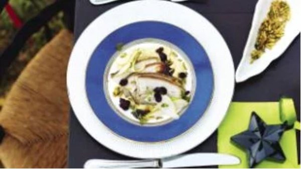 Crisp pork belly with pistachio and bean skordalia, pomegranate and pear