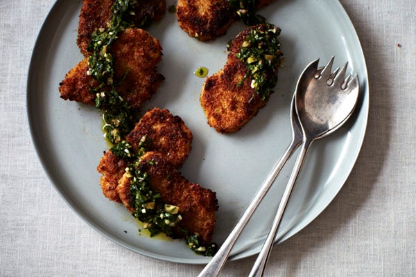 Crisp pork cutlets with citrus salsa verde