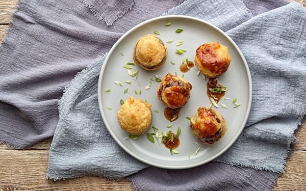 Crisp prawn-topped eggplant 