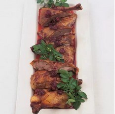 Crisp roast duck with confit of sour cherries