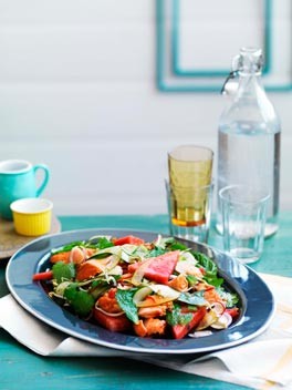 Crisp salmon with mint and pickled watermelon rind salad