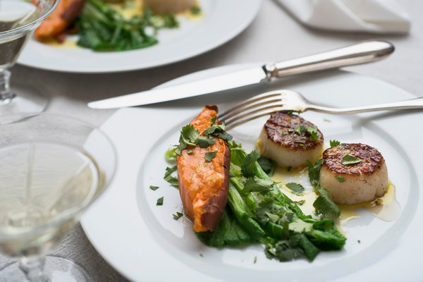 Crisp-seared sea scallops with ginger-lime butter