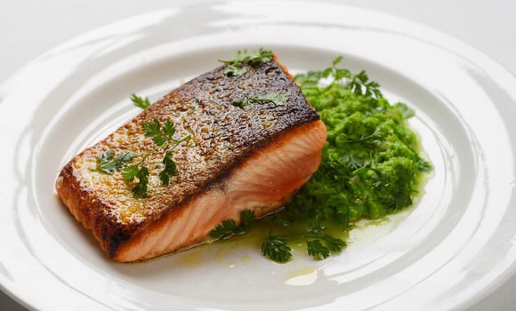 Crisp-skin salmon with pea salsa