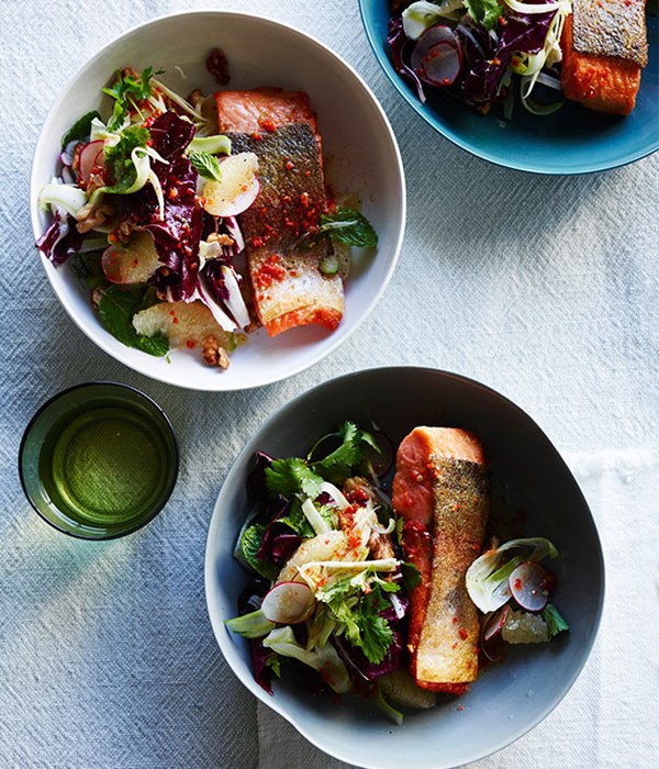 Crisp-skin trout with grapefruit, walnut and radicchio salad