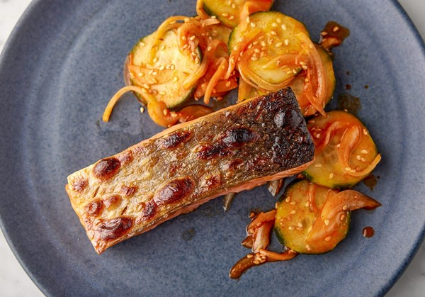 Crisp-skinned broiled salmon with cucumber-sesame salad