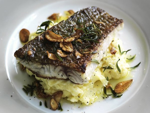Crisp-skinned fish with roast garlic skordalia
