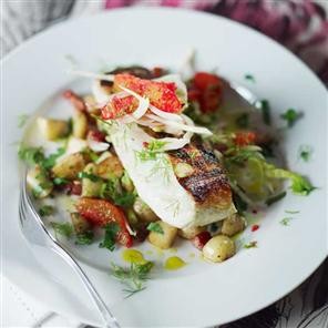 Crisp-skinned halibut with pancetta, potatoes and blood orange salad