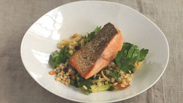 Crisp-skinned salmon with barley salad and basil mayonnaise