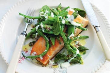 Crisp-skinned salmon with mustard spring greens