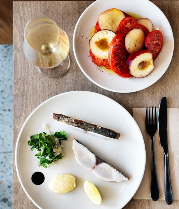 Crisp-skinned Spanish mackerel, aïoli, parsley and pickled onion salad