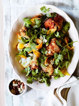 Crisp-skinned Vietnamese chicken with peaches