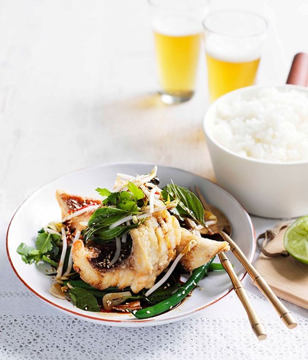 Crisp snapper and snake bean salad with Thai basil, soy and ginger