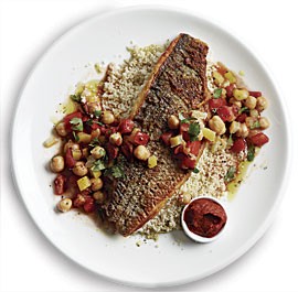 Crisp striped bass with preserved lemon, chickpeas, and couscous