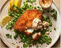 Crisp tikka fish with crushed minty peas
