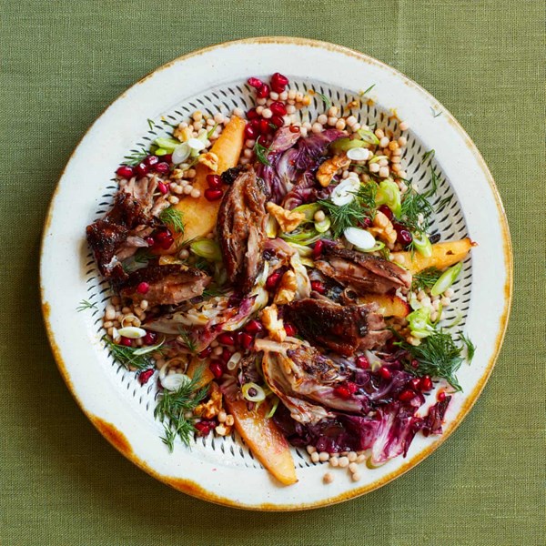 Crisp Turkish spiced duck leg salad with quince