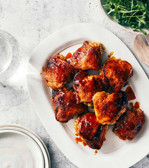 Crisped and dipped chicken thighs