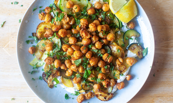 Crisped chickpeas with herbs and garlic yogurt