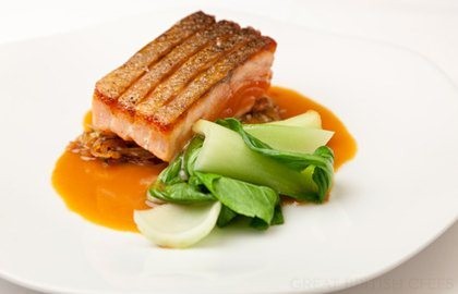 Crispy Alaska salmon with sweet and sour cabbage and spicy sauce