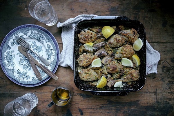 Crispy almond-coated chicken roasted with artichokes & lemon