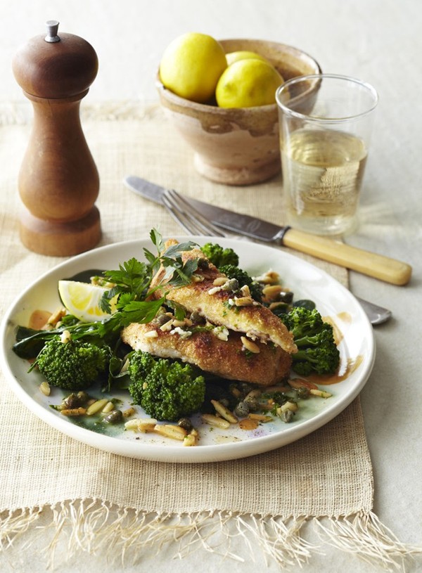 Crispy almond fish with capers and lemon