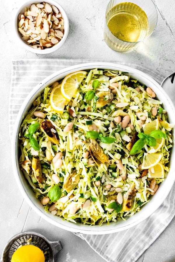 Crispy artichoke white bean salad