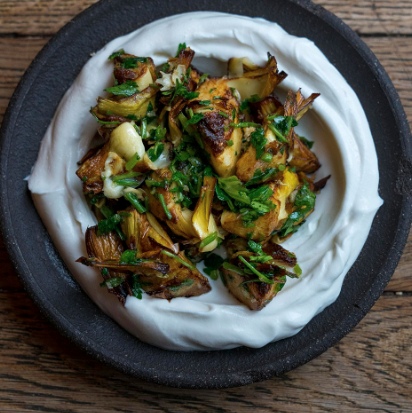 Crispy artichokes over labneh