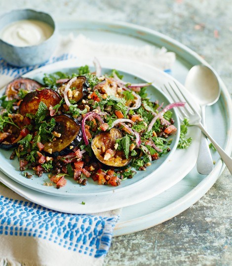 Crispy aubergines with lentil tabbouleh and yogurt dressing