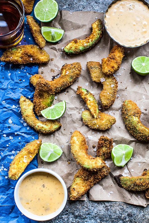 Crispy avocado fries with melty cheese dip