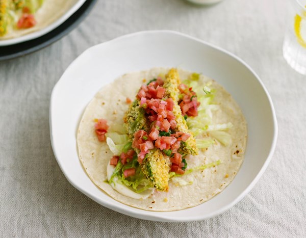 Crispy avocado tacos with rhubarb salsa