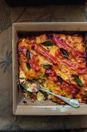 Crispy bacon and sage dauphinoise with garlic and cream