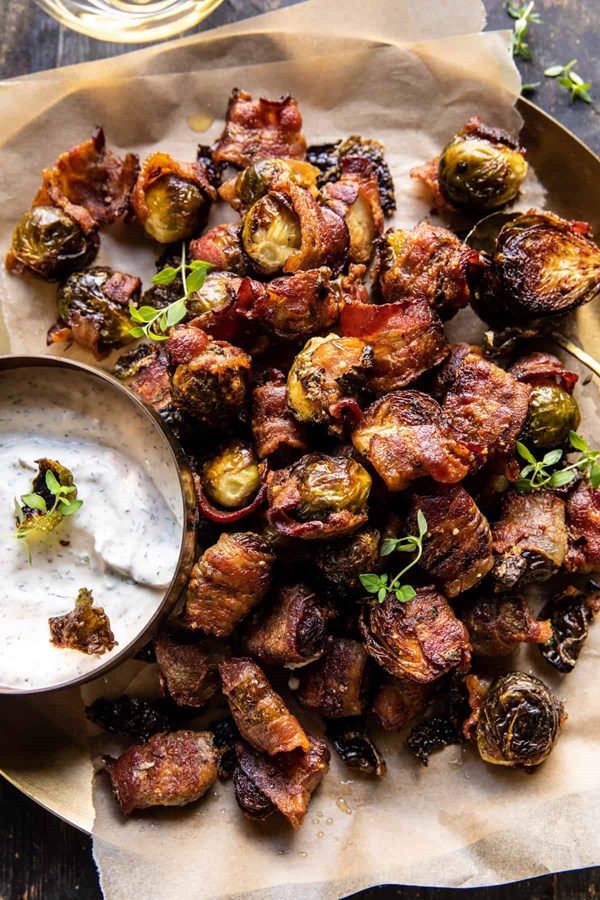 Crispy bacon wrapped Parmesan brussels sprouts