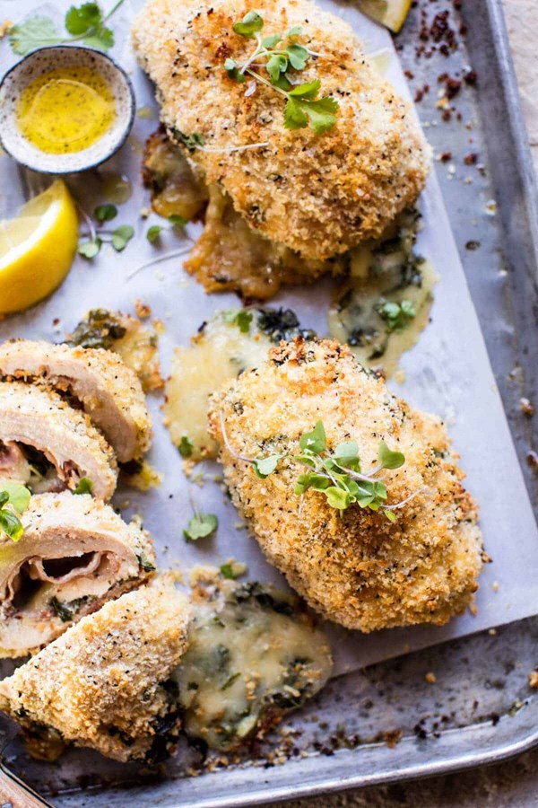 Crispy baked basil chicken cordon bleu