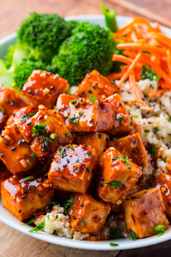 Crispy baked firecracker tofu on coconut cauliflower rice