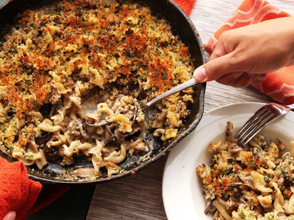 Crispy baked pasta with mushrooms, sausage, and Parmesan cream sauce