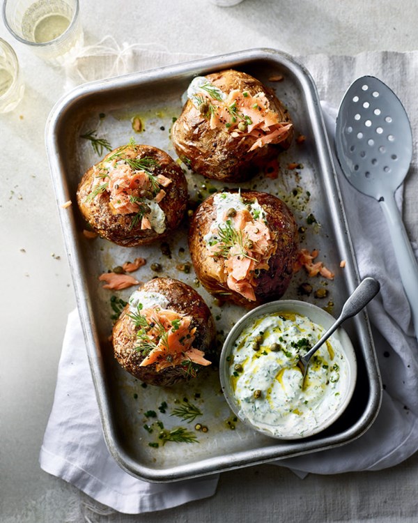Crispy baked potatoes, hot-smoked salmon and soured cream
