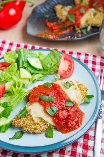 Crispy baked quinoa crusted chicken Parmesan