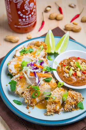 Crispy baked Thai peanut sauce coated chicken