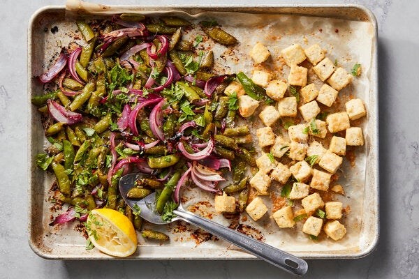 Crispy baked tofu with sugar snap peas
