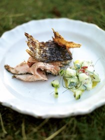 Crispy barbecued side of salmon with cucumber yogurt