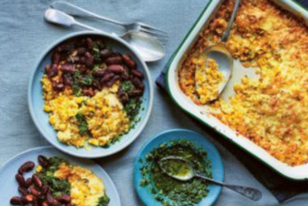 Crispy beans with creamed corn and jalapeno salsa