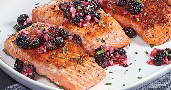 Crispy brined salmon with blackberry relish