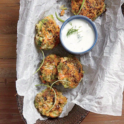 Crispy broccoli-carrot fritters with yogurt-dill sauce