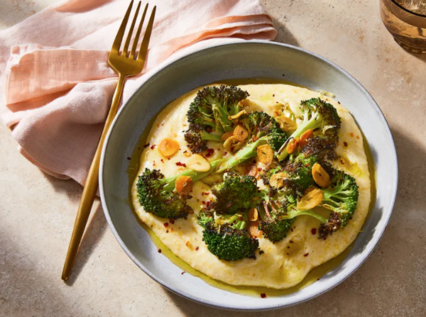 Crispy broccoli with cheddar polenta