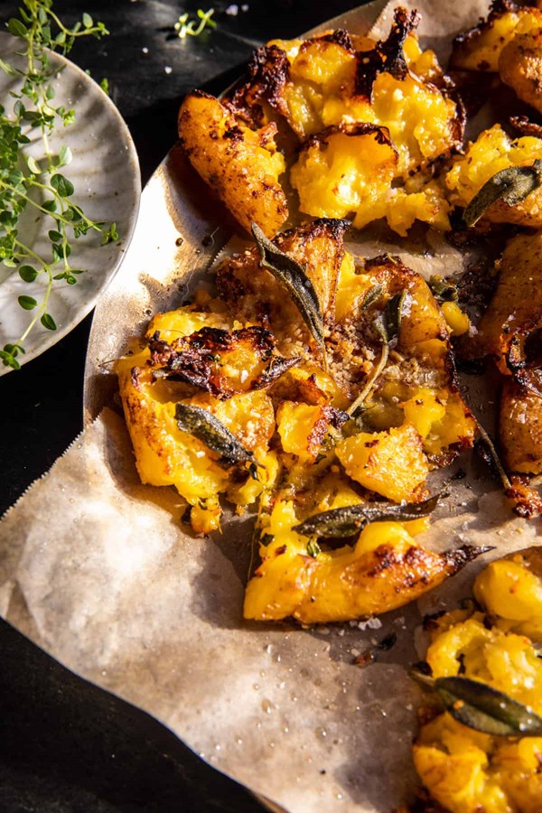 Crispy brown butter sage smashed potatoes