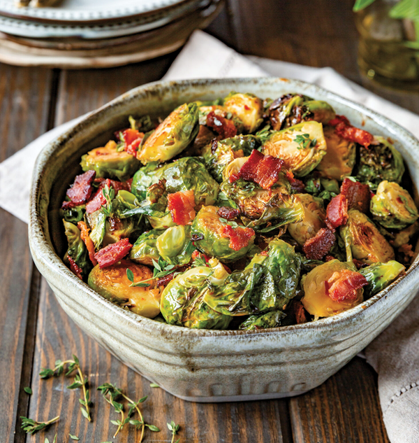 Crispy Brussels sprouts with sorghum vinaigrette and bacon