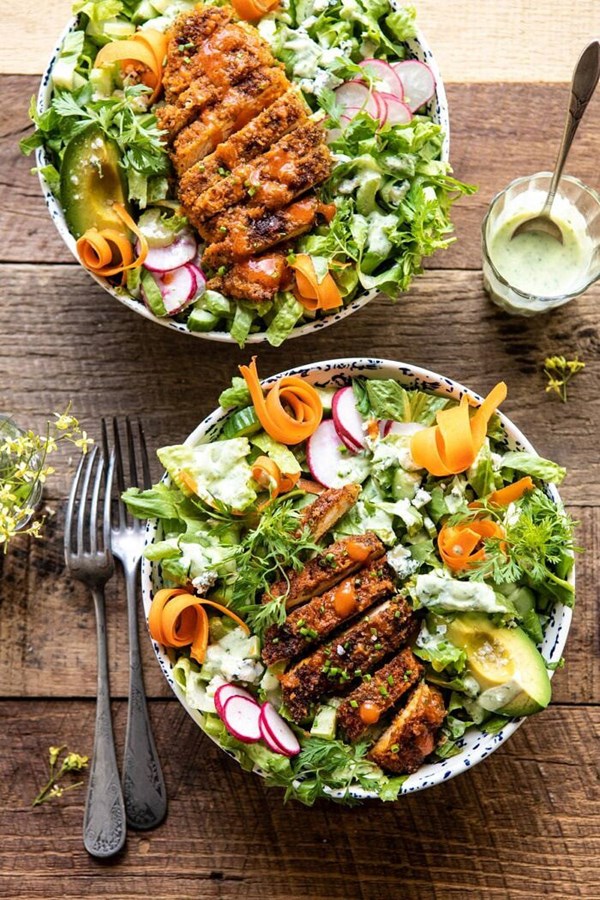 Crispy Buffalo ranch chicken salad with goddess dressing