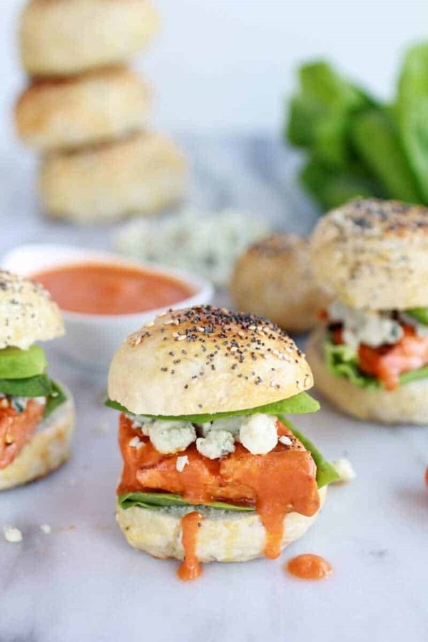 Crispy Buffalo style salmon sliders